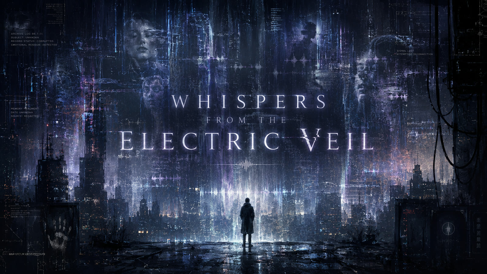 Whispers From The Electric Veil key art: a lone figure before a vast rain-streaked electric city, faces dissolving into the data above.